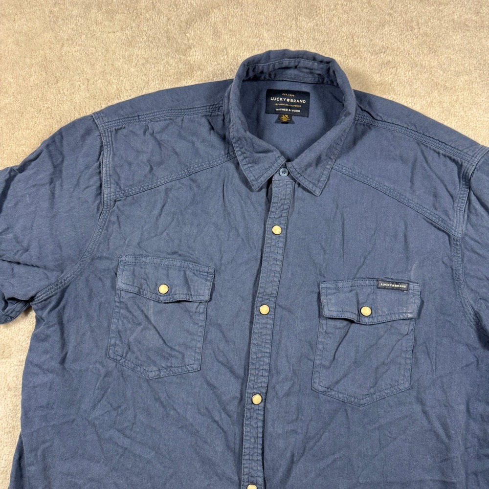 Lucky Brand Shirt Mens Large Blue Washed & Worn Short Sleeve Western Snap
